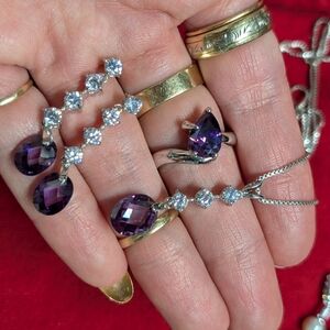 Elegant Purple and Silver Jewelry Set Stamped 925 Amethyst Crystal